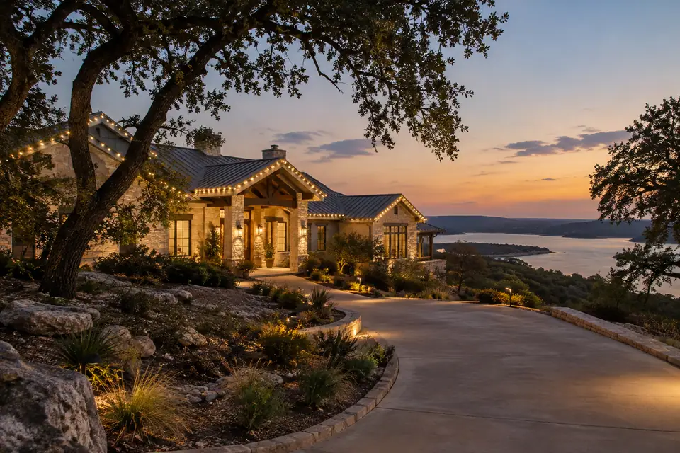 Canyon Lake residential Christmas lighting inspiration for a limestone home above a gently curved approach