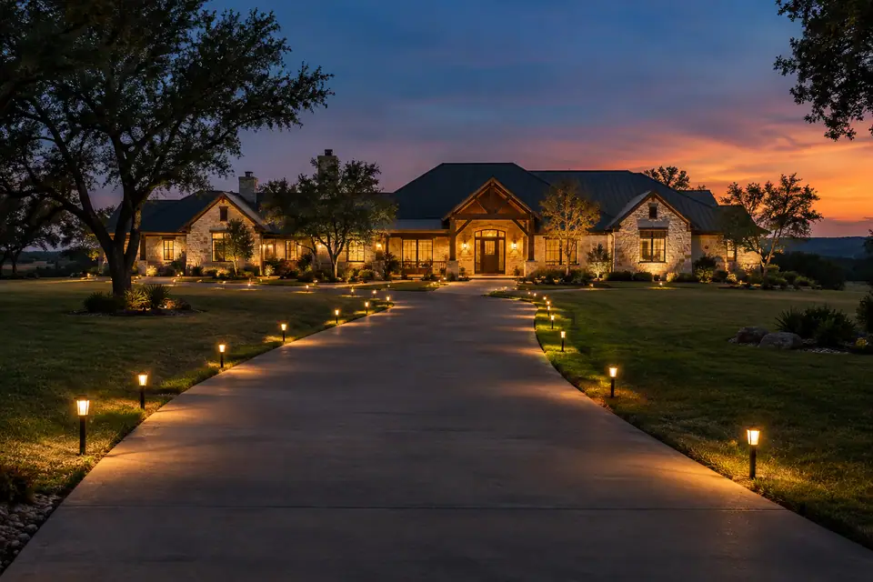 Concept image of a curved driveway edged with small lights leading to a stone home at dusk