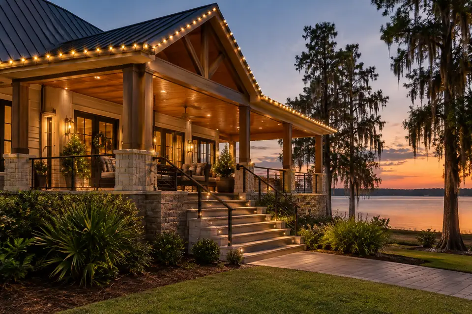 McQueeney holiday lighting concept with an open porch and clearly accessible steps