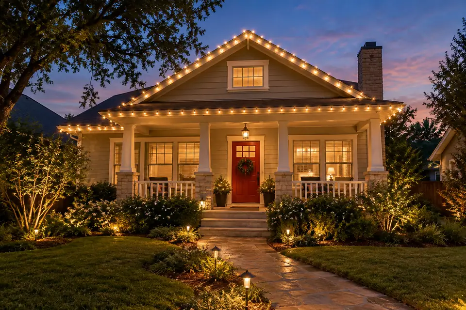 Concept of a Texas home with layered holiday lighting