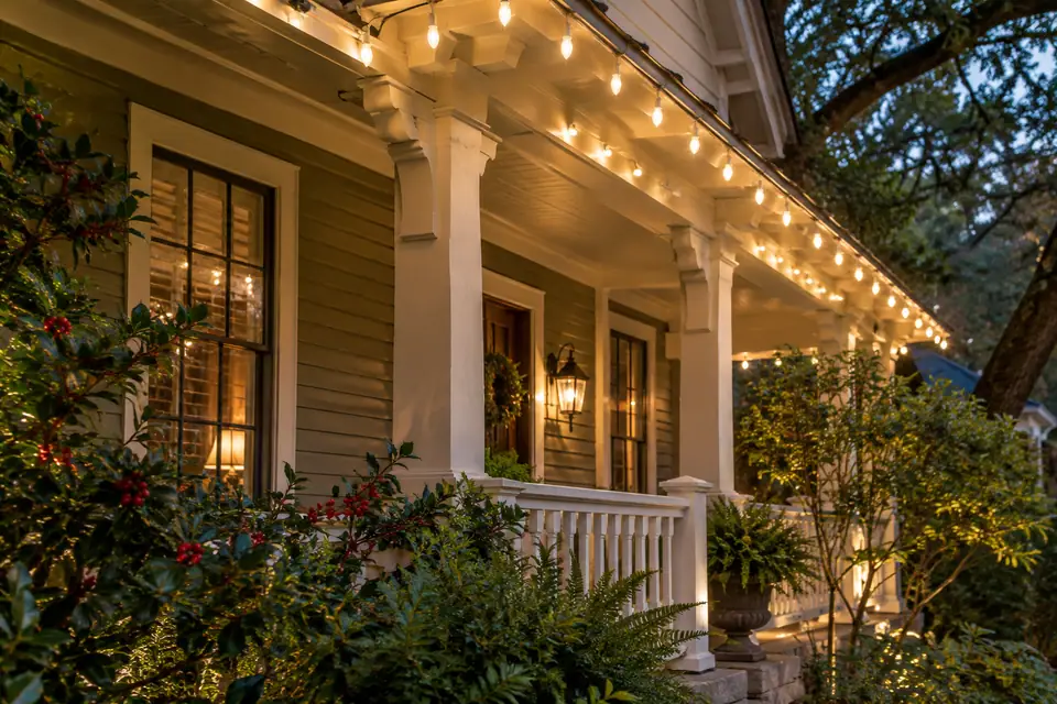 Seguin Christmas lighting concept with a simple illuminated outline above painted porch trim