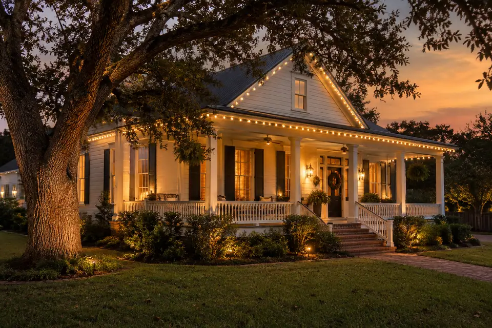 Residential Christmas lighting inspiration for an older Seguin style cottage with a deep porch