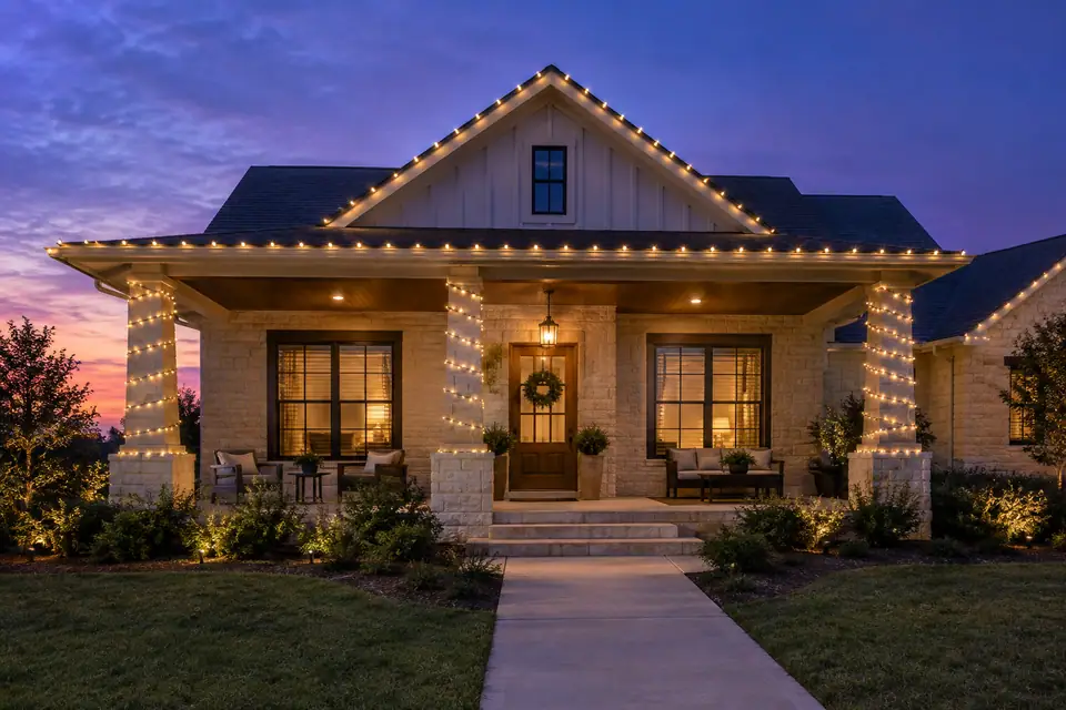 Selma residential Christmas lighting inspiration with an illuminated roof and welcoming columned porch