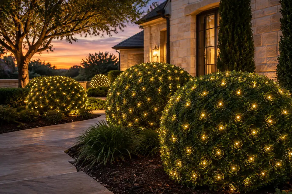 Shrub Net Light Installation concept for a Texas home